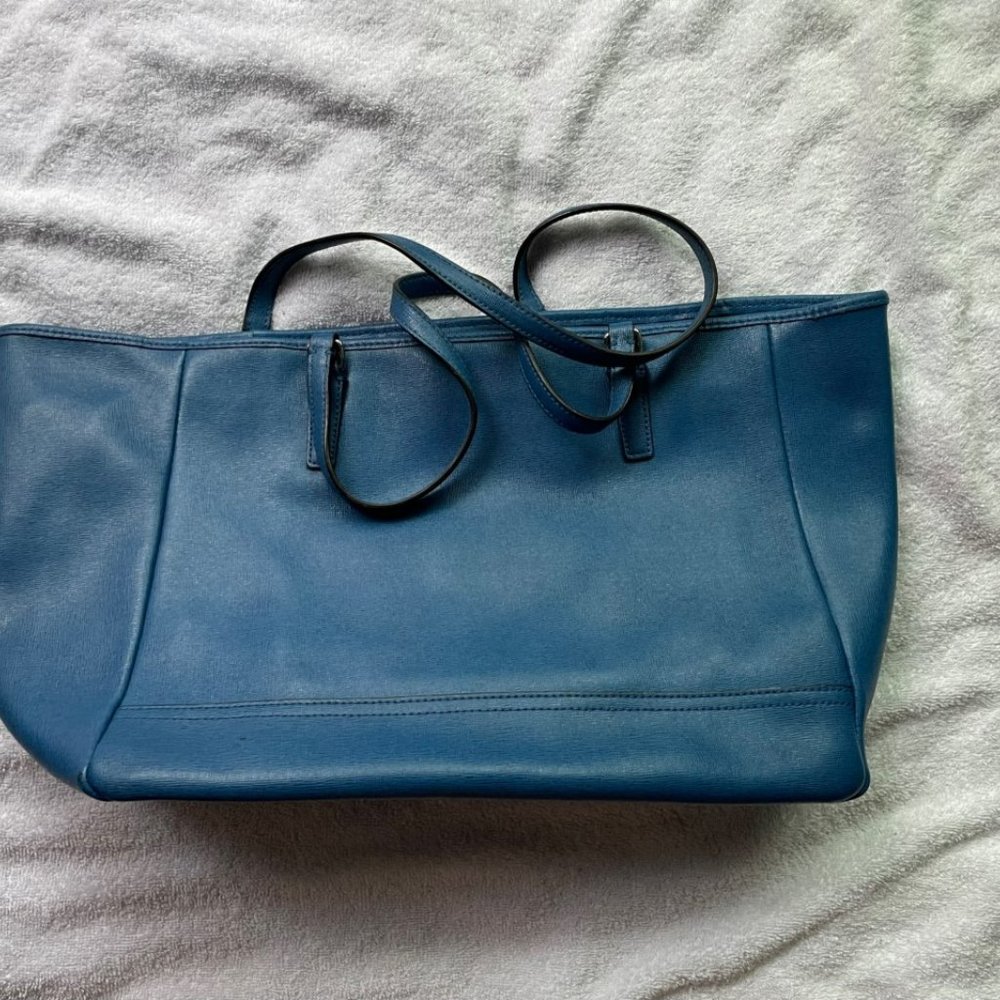 Women’s Coach Saffiano Leather Medium City Tote Silver Cobalt Blue Purse - Picture 7 of 16
